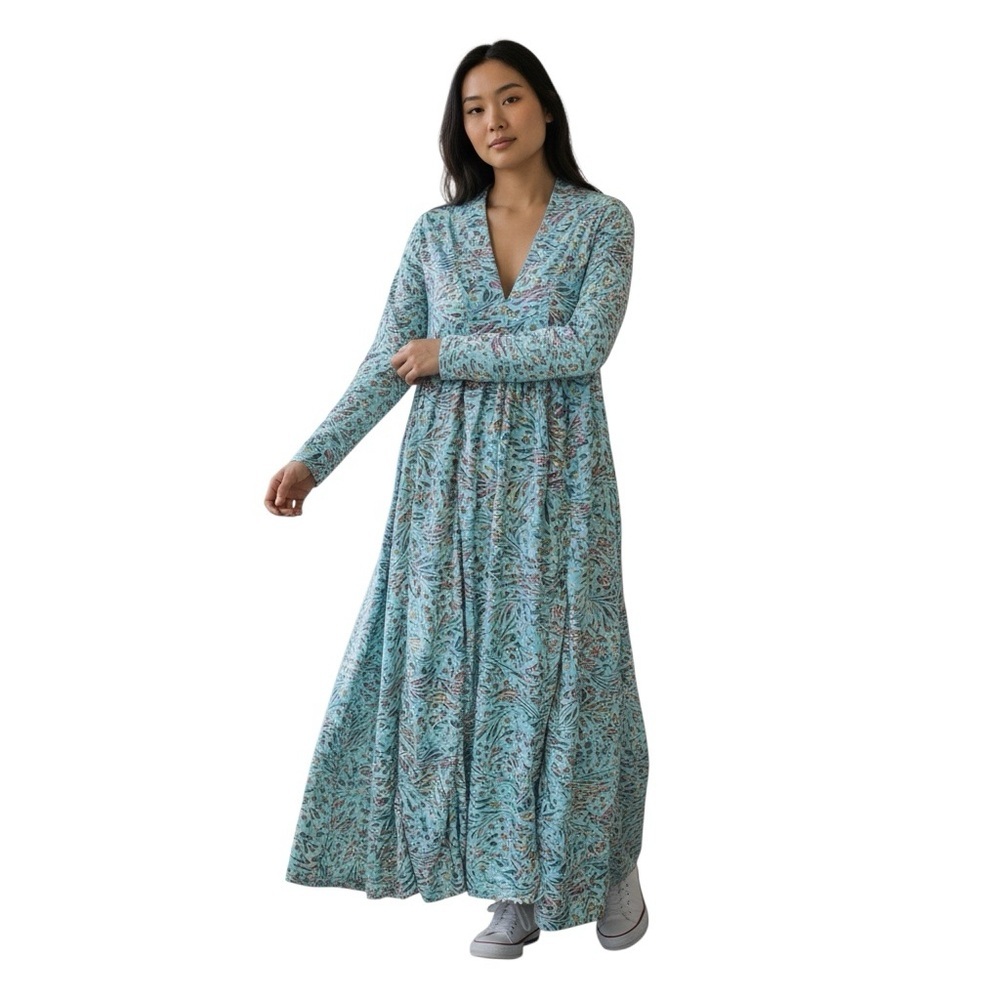 Knowmad Marsha Long Kaftan Chic Teal Floral Maxi Dress 100% Silk